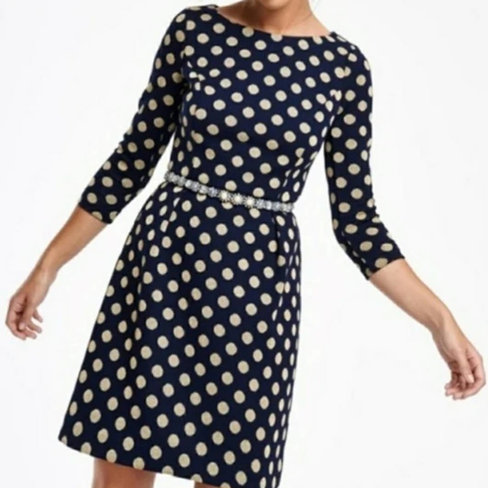 Boden Metallic Dot Ponte Knit Sheath Dress Women's‎ 6L Navy Blue Gold